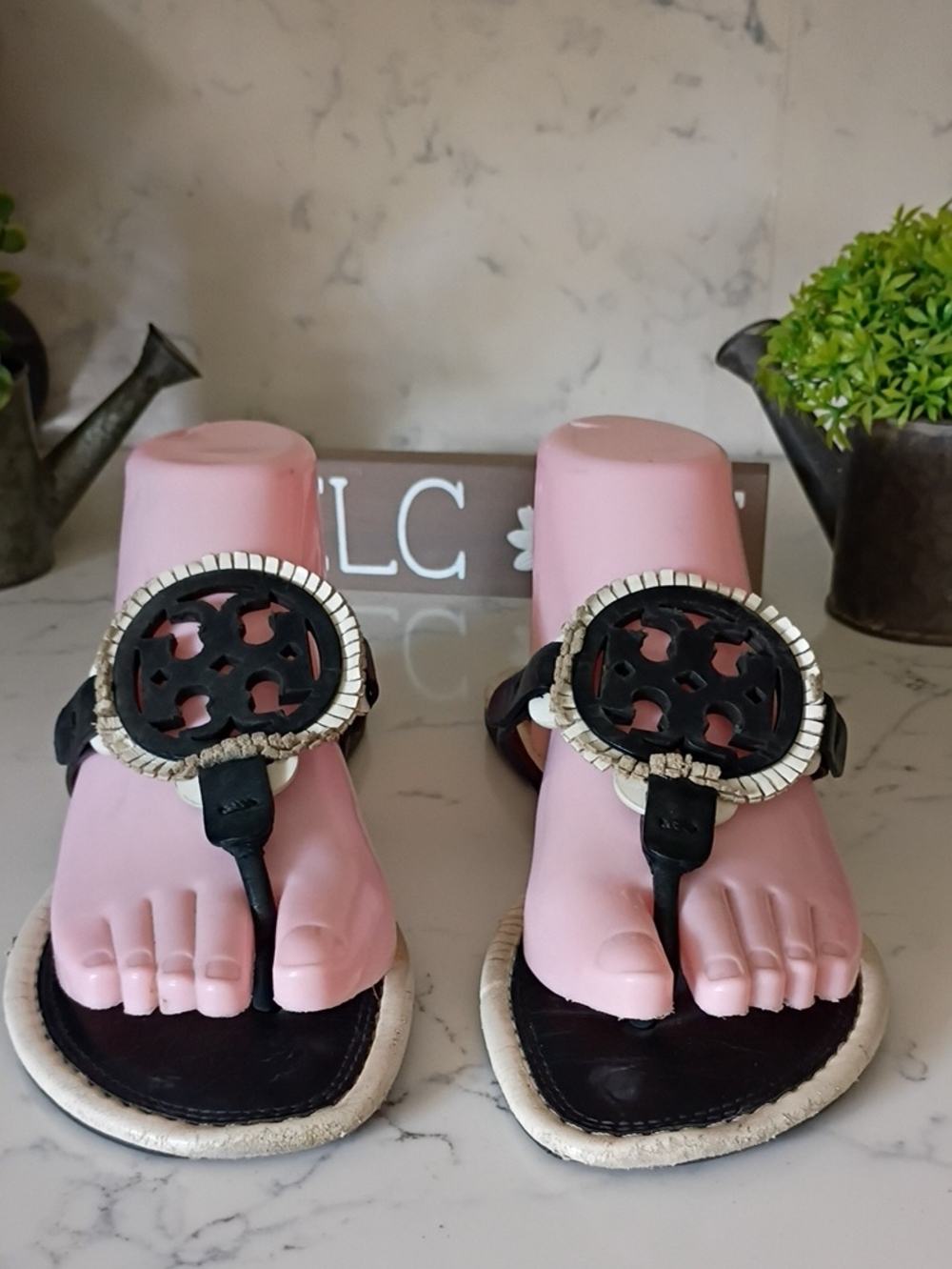 Tory Burch Miller Black Logo Medallion Thong Sandals -